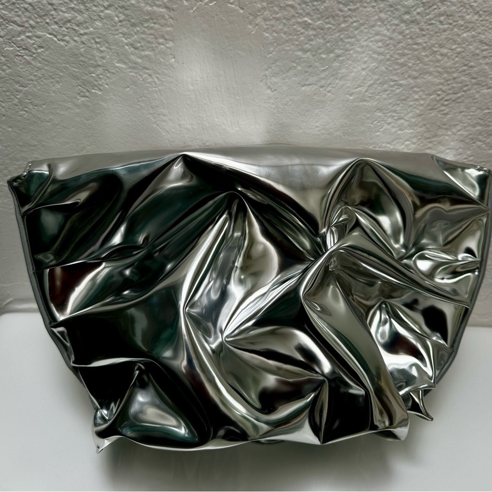 Silver Sculptural Clutch with Crumpled Texture